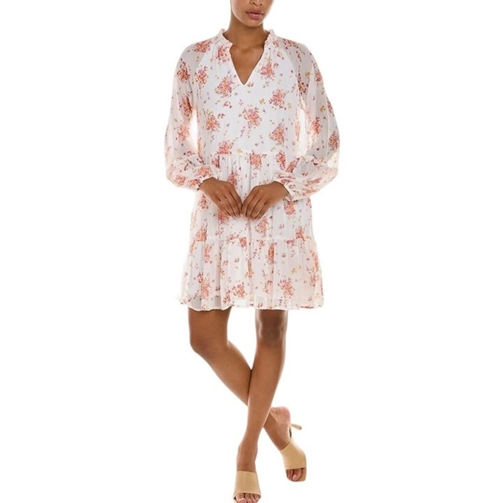 Vince Camuto Tiered Floral Split Neck Ruffle Trim White Mini Dress